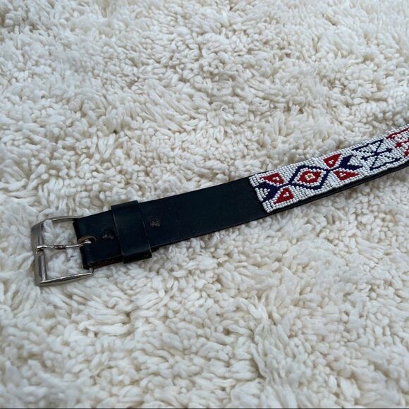 Vintage Boho Leather Belt seed bead Beaded design Hippie 70s retro vibe size 34 main image 5